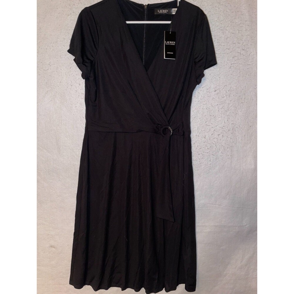 Lauren Ralph Lauren Faux Wrap short sleeve black Dress size 14 NWT NEW